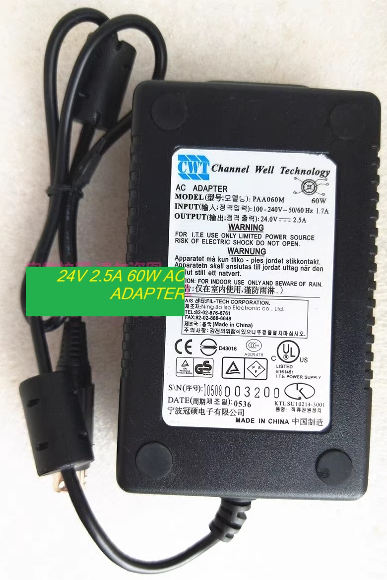 *Brand NEW*PAA060M CWT 24V 2.5A 60W AC ADAPTER Power Supply