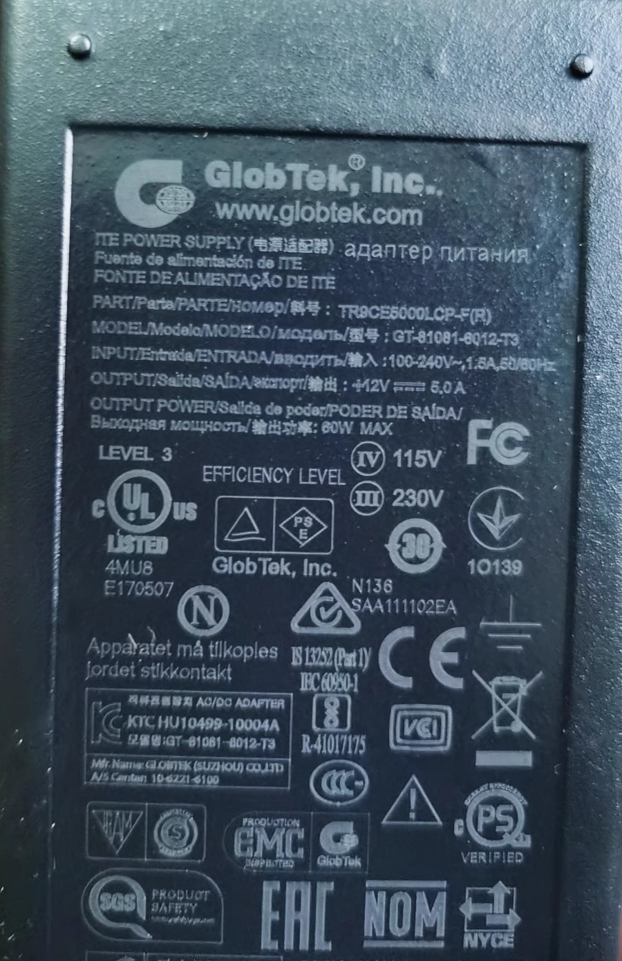 *Brand NEW*Globtek,Ine 12V 5A 60W AC ADAPTER GT-81081-6012-T3 TR9CE5000LCP-F(R) Power Supply