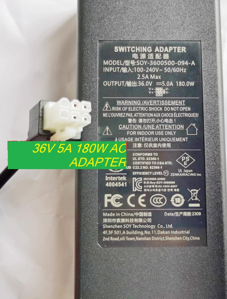 *Brand NEW*SOY 36V 5A 180W AC ADAPTER SOY-3600500-094-A HK-AB-270A100-US Power Supply